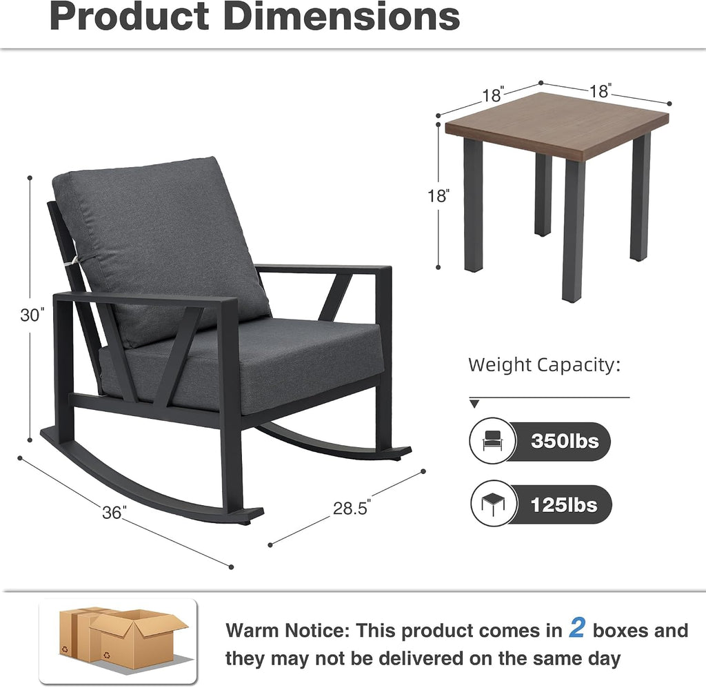 Outdoor Patio Rocking Chairs Set of 2, 3 Pieces Patio Porch Furniture Set with 6' Thick Cushions, Outdoor Bistro Set with Coffee Table, Dark Grey