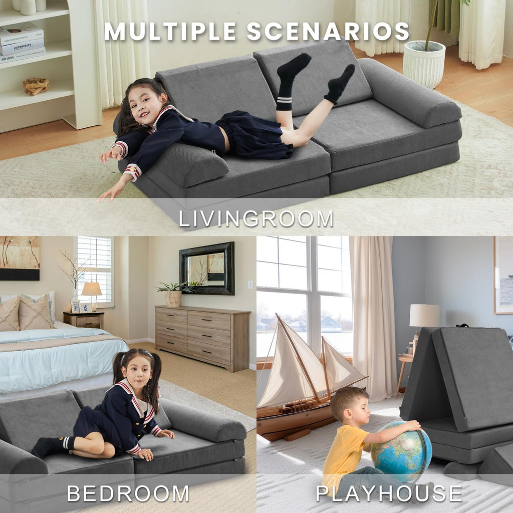 jela Kids Couch Safety Certified Play Couch Soft Kids Sofa with Machine Washable Cover Thick Foam Fort Building Set for Playroom Indoor 57x28x18 Inch (Corduroy, Darkgrey)