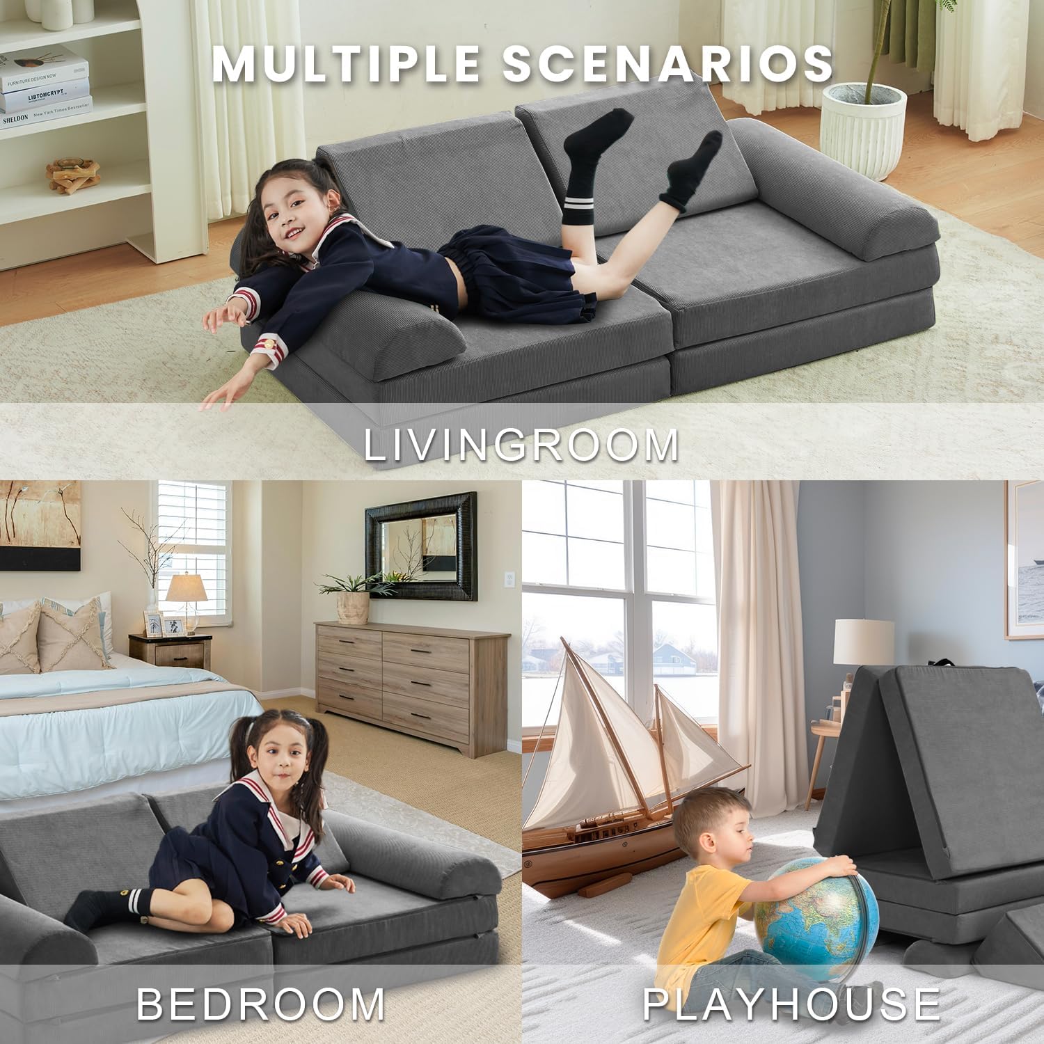 jela Kids Couch Safety Certified Play Couch Soft Kids Sofa with Machine Washable Cover Thick Foam Fort Building Set for Playroom Indoor 57x28x18 Inch (Corduroy, Darkgrey)