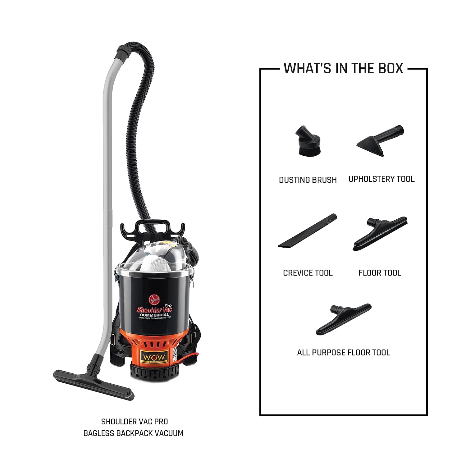 Hoover Commercial Shoulder Vac Pro Backpack Bagged Vacuum Cleaner, with HEPA Media Filter, Lightweight with Extra Long Cord, Chiropractic Design, for Carpet and Hard Floors, C2401, Black