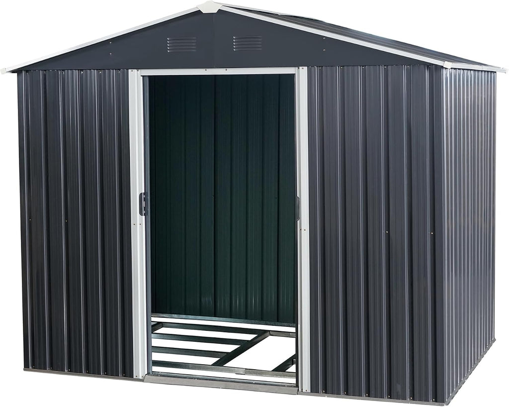 JT 7.5x5.5FT Outdoor Storage Shed with Floor Frame, Metal Garden Shed with Sliding Doors, Waterproof Galvanized Steel Storage House for Backyard Garden, Patio (Black, 7.5 * 5.5FT)