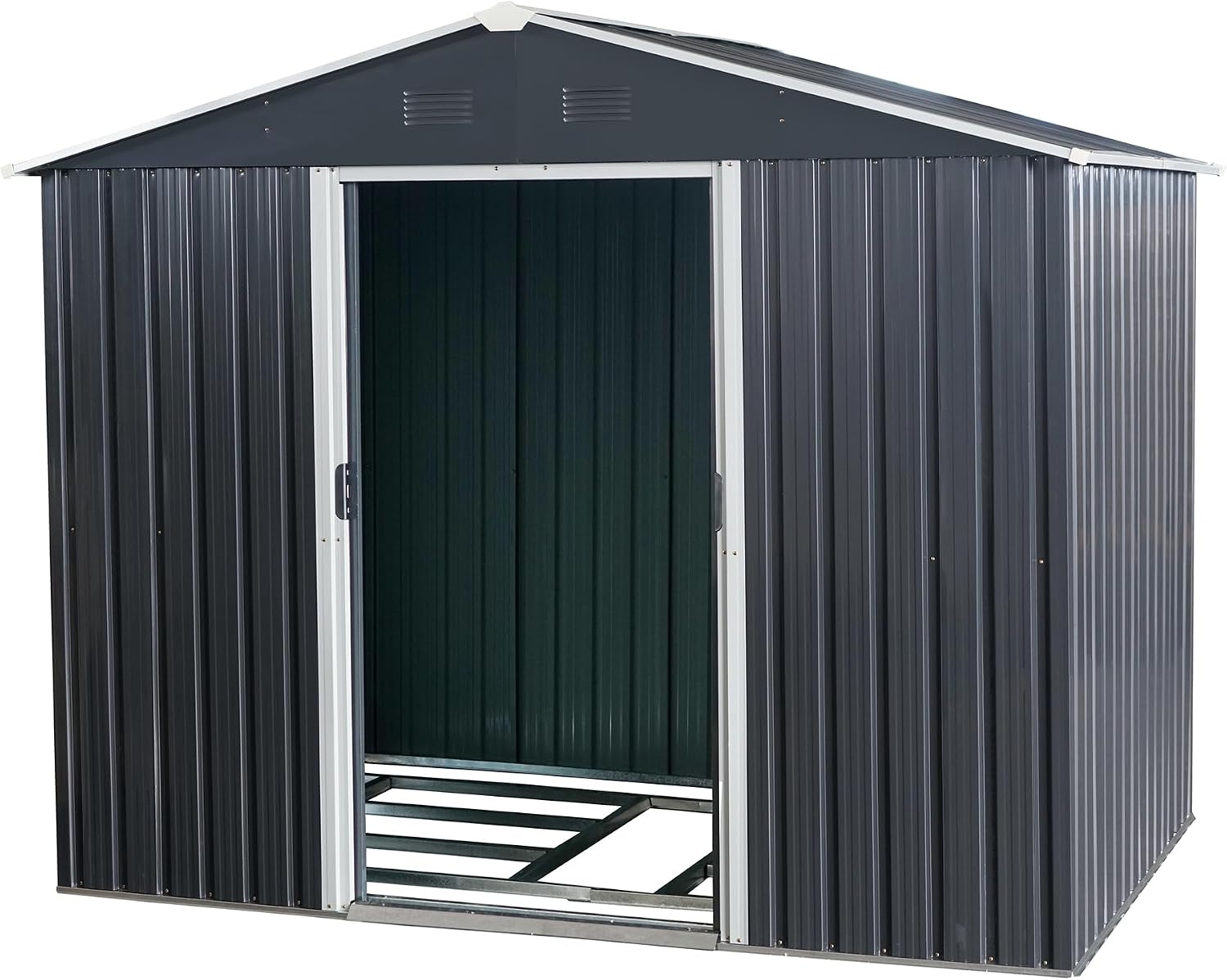 JT 7.5x5.5FT Outdoor Storage Shed with Floor Frame, Metal Garden Shed with Sliding Doors, Waterproof Galvanized Steel Storage House for Backyard Garden, Patio (Black, 7.5 * 5.5FT)