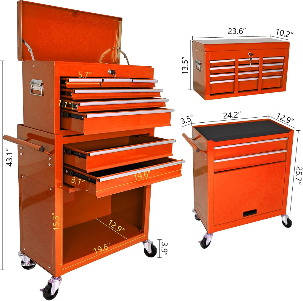 8-Drawer Tool Chest,Rolling Tool Box with Detachable Top Toolbox & Key Lock,Tool Cabinet with Universal Lockable Wheels,Lock Bar,Protective Liner,Metal Storage Cart for Garage,Workshop (Orange)