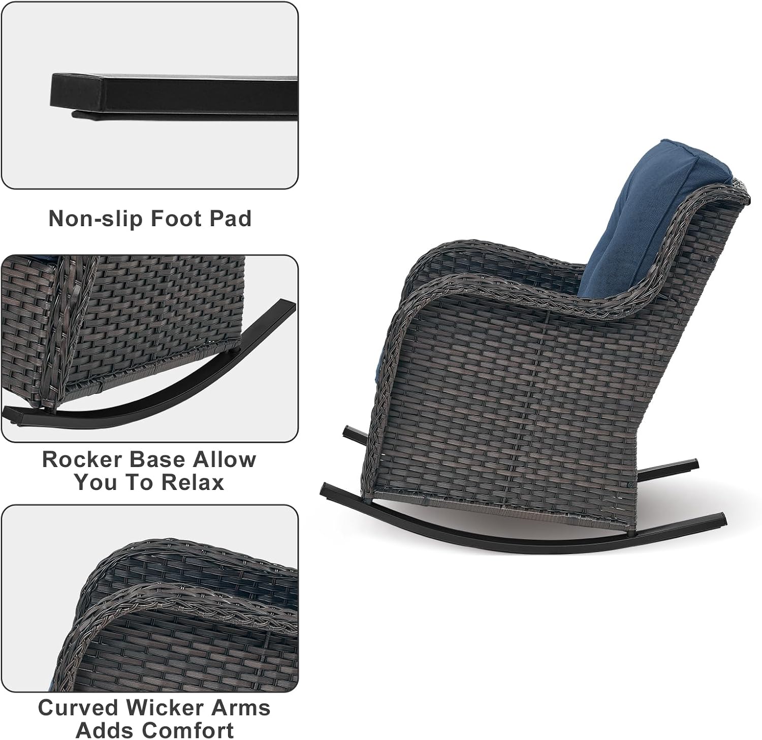 Rilyson Patio Chairs Outdoor Rocking Chair - 2 Piece Wicker Rattan Rocker Chairs Set with High Back and Deep Seating for Porch Deck Garden Backyard(Brown/Blue)