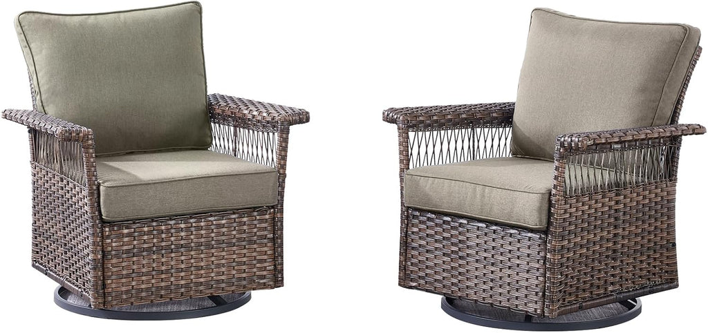 Outdoor Patio Rocking Swivel Chairs - 2PC Wicker Patio Furniture Rocker Chair Set,Rattan Glider Chair with Sturdy Frame,All-Weather PE Wicker and Cushions for Deck Porch Balcony(Brown/Grey)