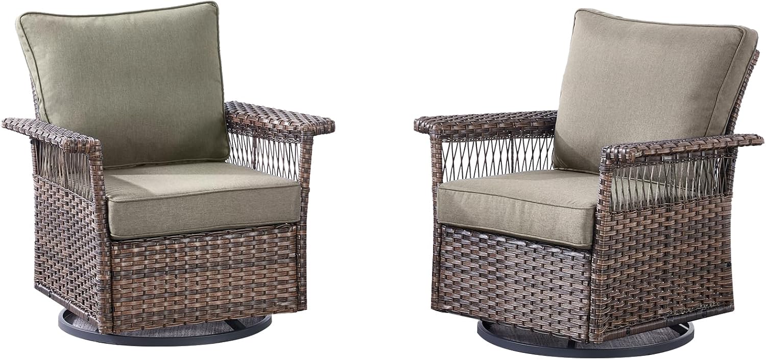 Outdoor Patio Rocking Swivel Chairs - 2PC Wicker Patio Furniture Rocker Chair Set,Rattan Glider Chair with Sturdy Frame,All-Weather PE Wicker and Cushions for Deck Porch Balcony(Brown/Grey)