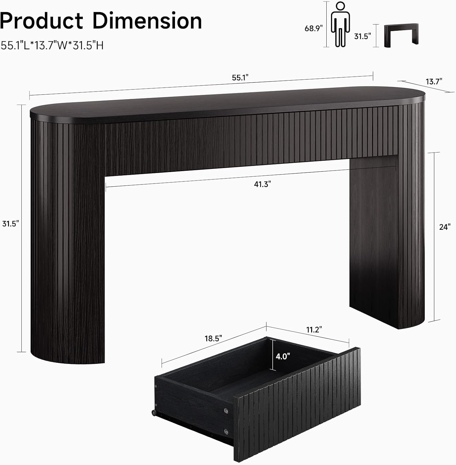 55 Inch Console Table with 2 Drawers, Fluted Entryway Tables with Storage, Sofa Table Behind The Couch, Hallway Tables, Mid-Century Modern Foyer Table for Entryway, Hallway, Living Room, Black