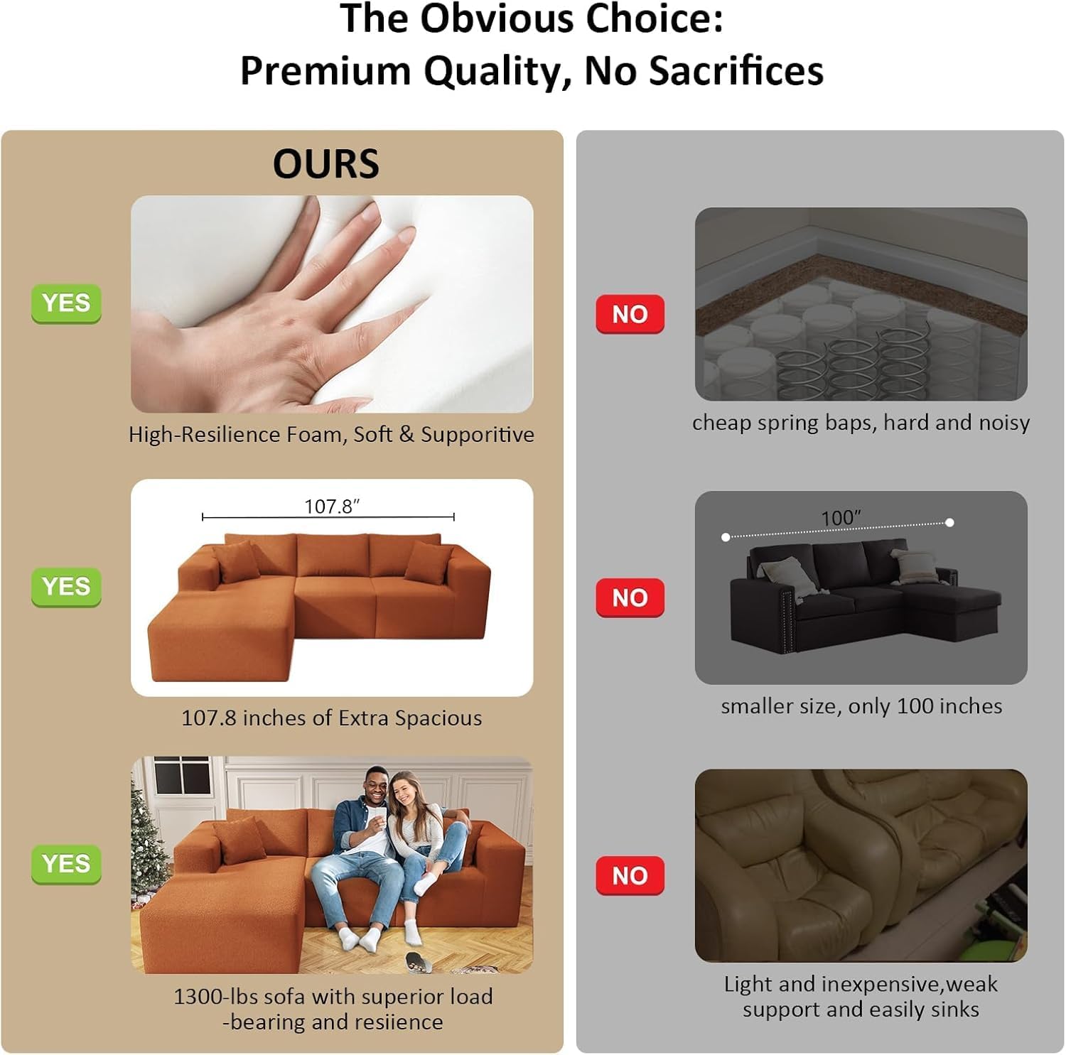 108' Orange Boneless Cloud Couches for Living Room L Shapes Sectional Sofa with Chaise Lounge, Comfy Teddy Fabric Memory Foam Couch Including Throw Pillow and Backrest - Removable Washable