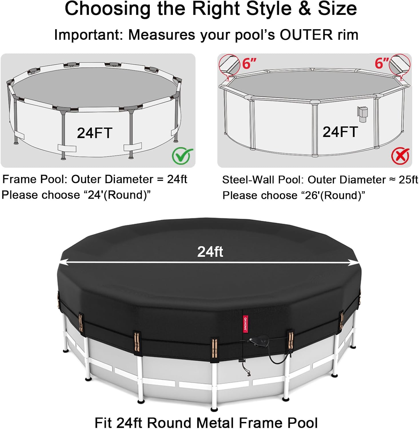 QH.HOME 24ft Round Pool Cover,[Ultimate Windproof & Tear-Resistant Fabric],Snug Fit with Patented Ratchet & Weight Rings,Solar Pool Cover for Above Ground Pools, Blocks Leaves &Waterproof