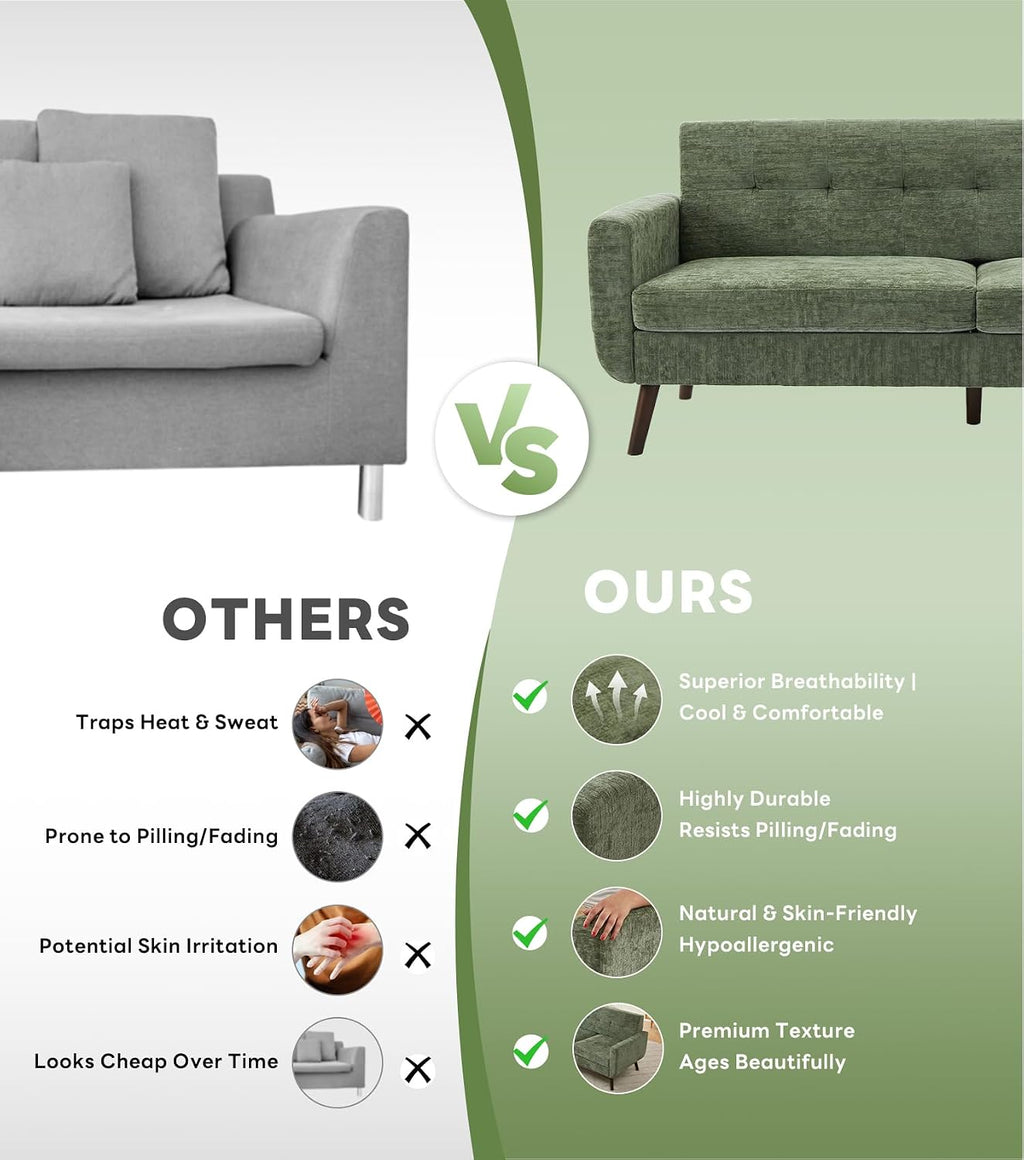 Tbfit 77.2' W Linen Sofa Couch, Mid Century Modern Decor Loveseat Couches for Living Room, Button Tufted Upholstered Small Couch for Bedroom, Solid, and Easy to Install Love Seats Furniture, Green