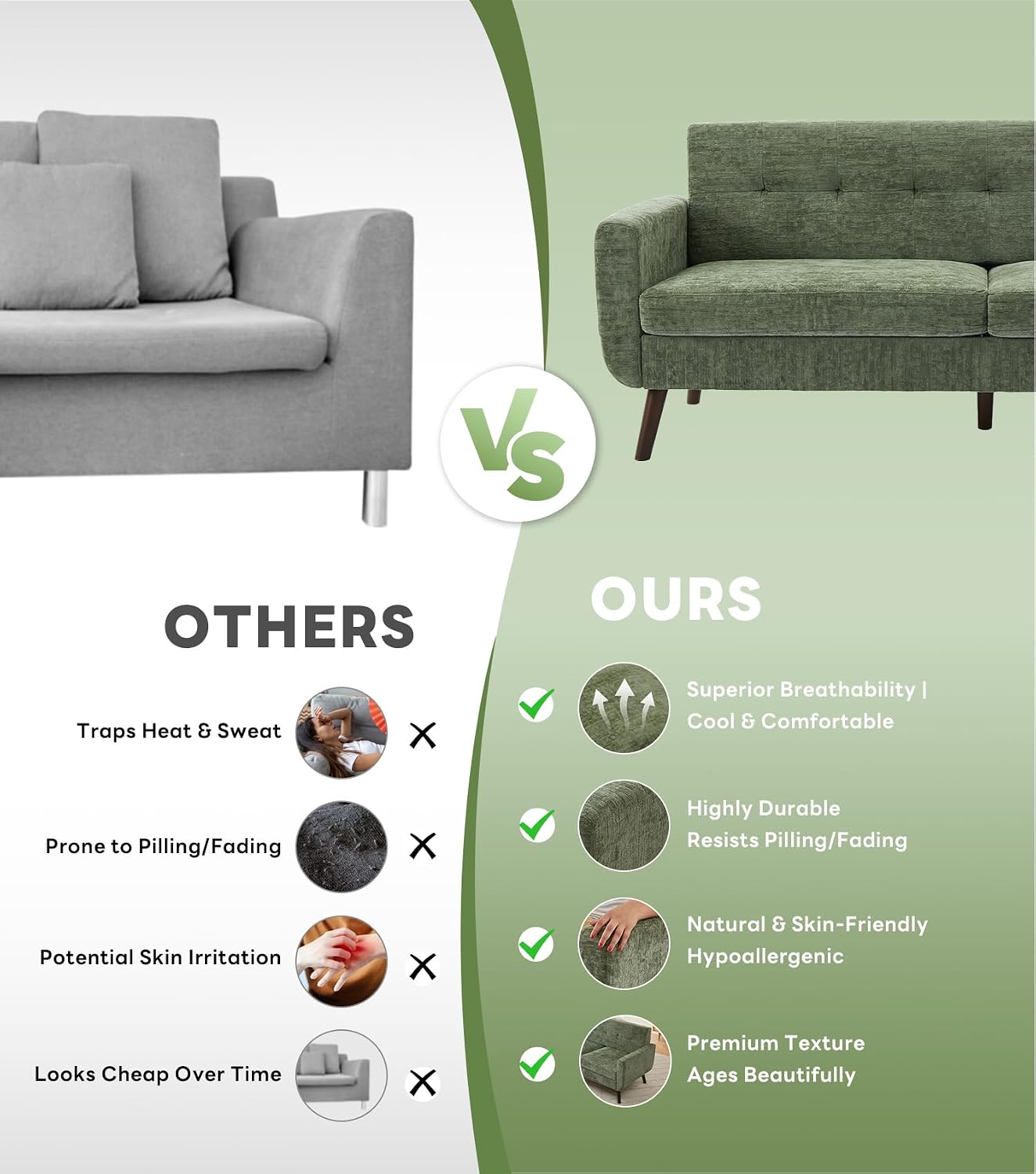 Tbfit 77.2' W Linen Sofa Couch, Mid Century Modern Decor Loveseat Couches for Living Room, Button Tufted Upholstered Small Couch for Bedroom, Solid, and Easy to Install Love Seats Furniture, Green