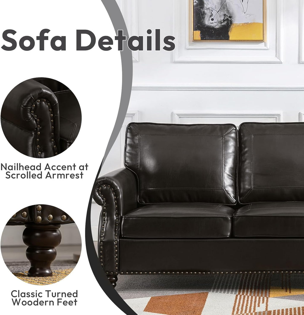 Kingfun Mid-Century Modern Couch, Faux Leather Sofa, 3 Seater Couch for Living Room with Rolled arms & Nailhead Trim, Black