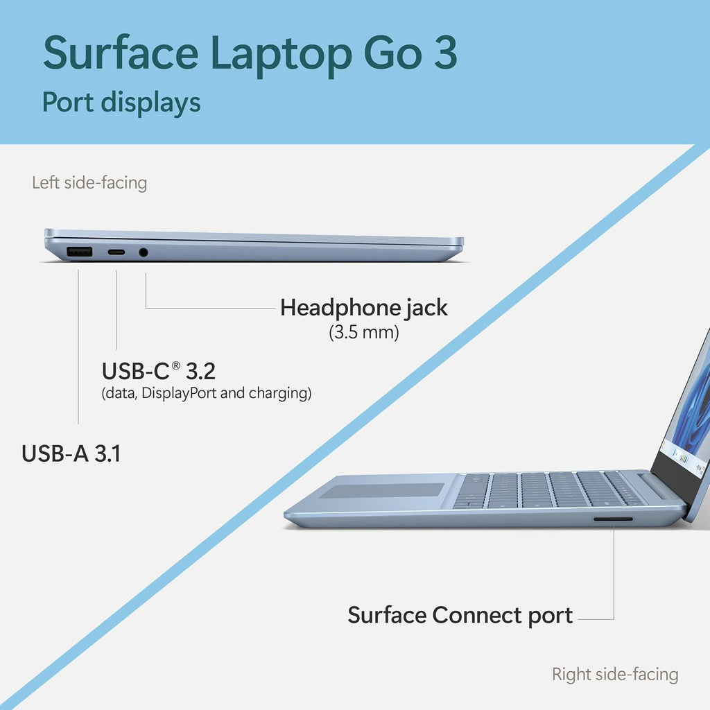 Microsoft Surface Laptop Go 3 (2023) - 12.4' Touchscreen, Thin & Lightweight, Intel Core i5, 8GB RAM, 256GB SSD SSD, with Windows 11, Ice Blue Color Microsoft Copilot