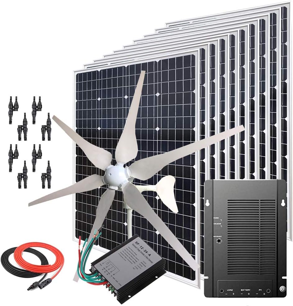 1600W Wind Solar Generator Kit : 400W Wind Turbine(6 Blades) + 10PCS 120W Mono Solar Panels + MPPT Charge Controller + Accessories (1600W Wind Solar kit, for 12V System)