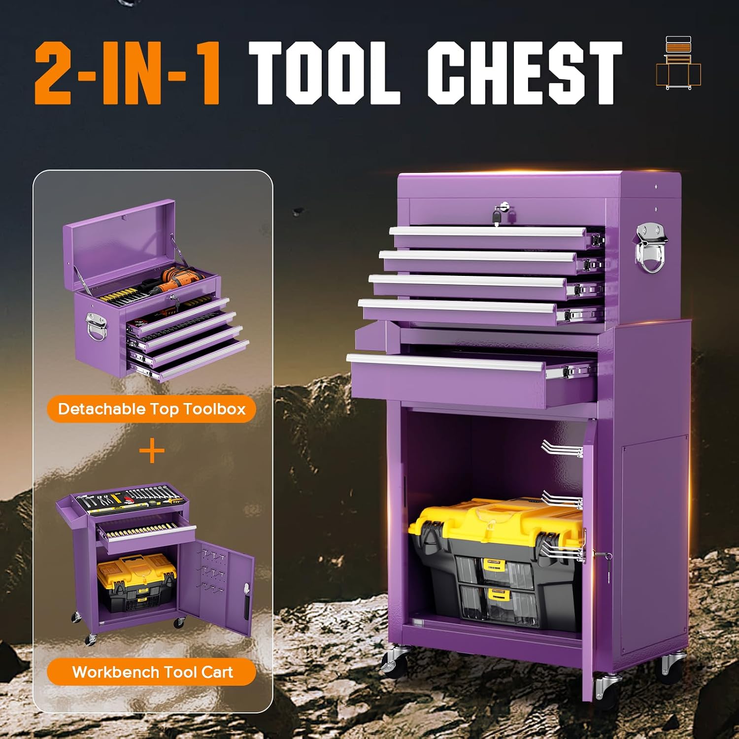 Oakcloud Heavy-Duty 5-Drawer Rolling Tool Chest & Cabinet Combo with Black Liner – Lockable Steel Garage Tool Box on Wheels – Detachable Top Toolbox & Bottom Storage Cart with Side Hooks, Purple