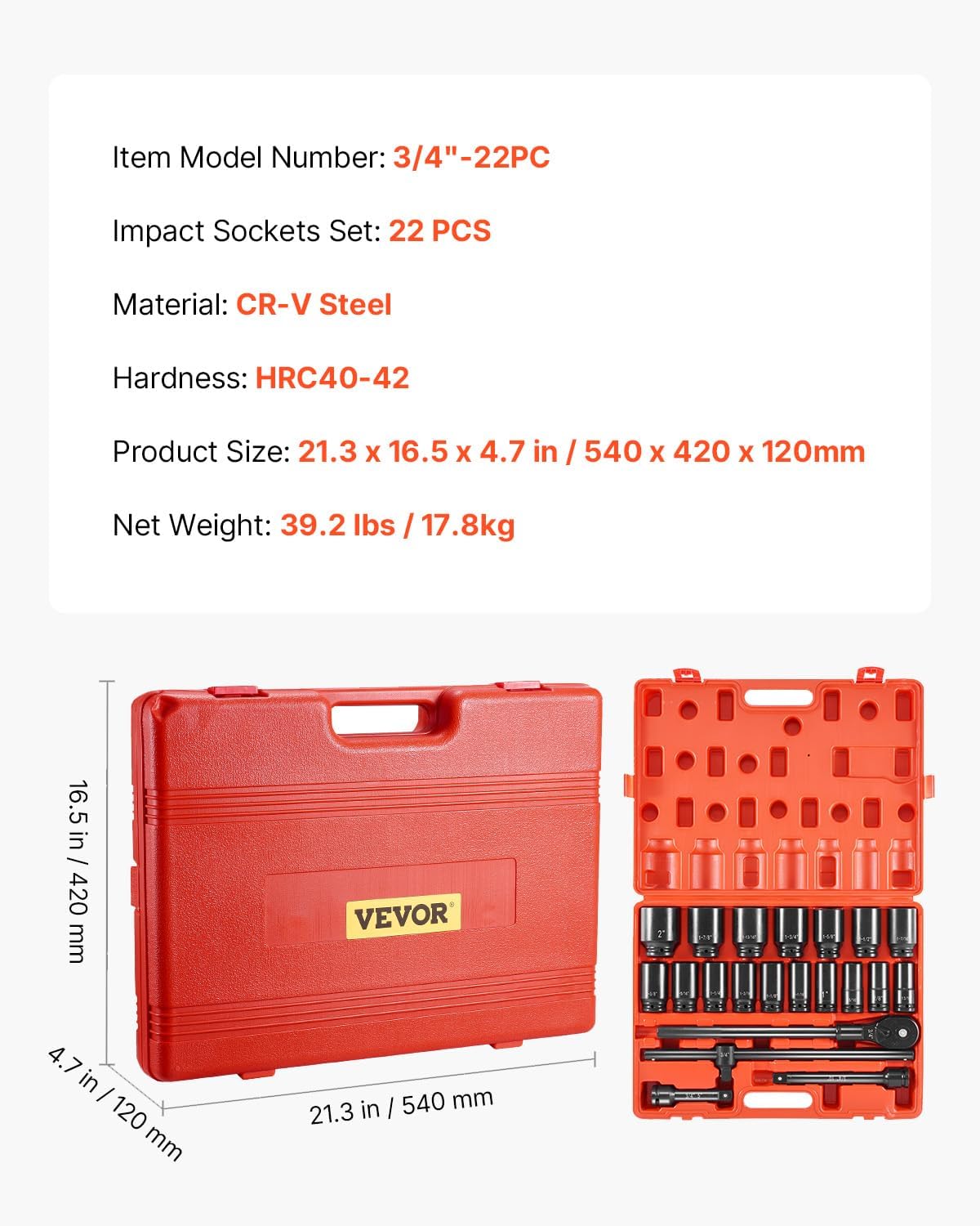VEVOR Impact Socket Set 3/4 Inches 22 Piece Deep Impact Sockets, 6-Point Sockets, Rugged Construction, CR-V Drive Socket Set Impact SAE 13/16 inch - 2 inch, Includes Carrying Case and Ratchet Handle