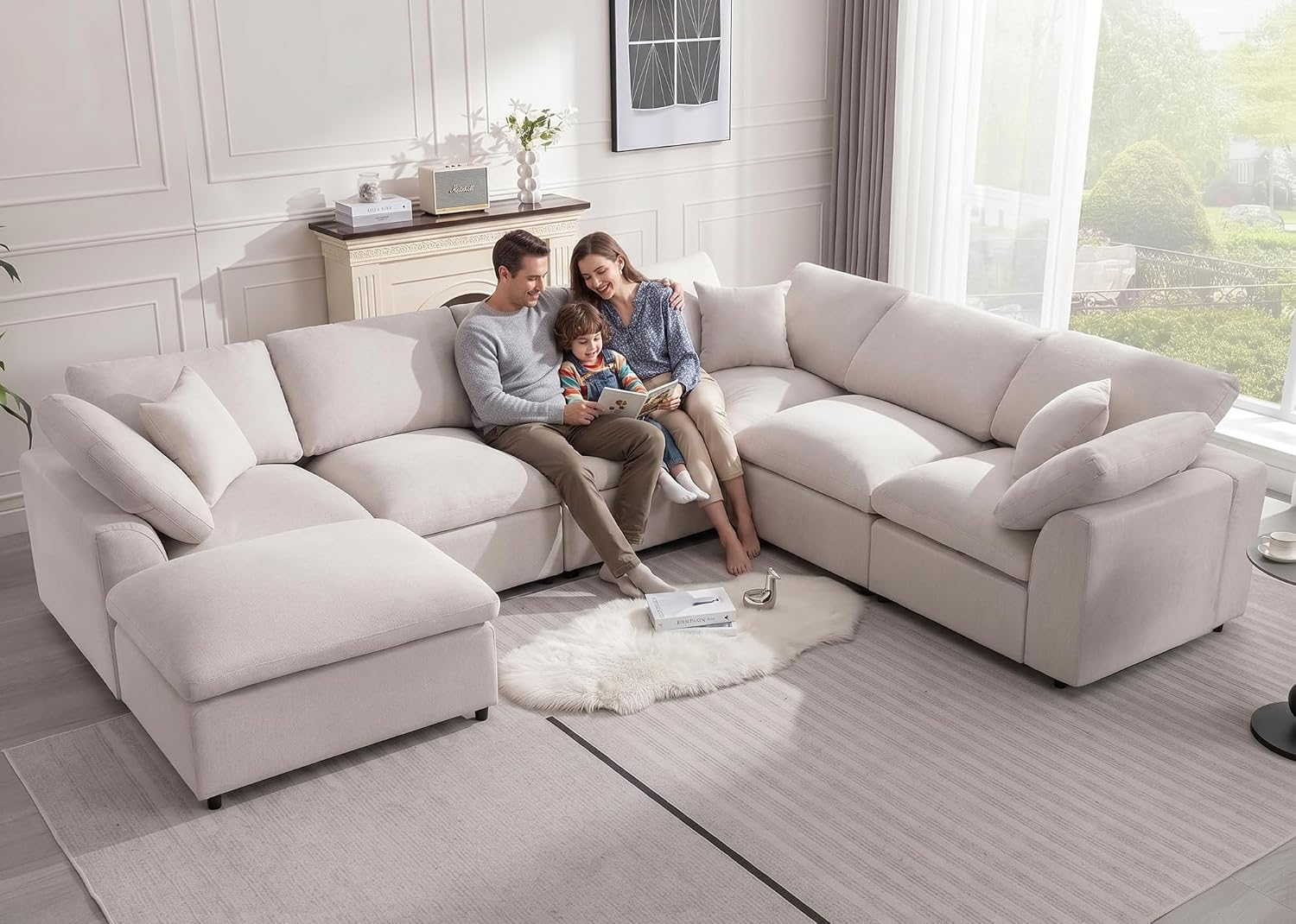 Siiejia Cloud Couch Modular Sectional Sofa Modern Oversized Couches with Ottoman 7 Seater L-Shaped Sofas Comfy Couches for Living Room Spacious Space Apartment Lounge, Cream