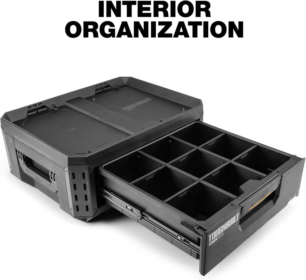 ToughBuilt StackTech 1 Drawer Tool Box, Heavy-Duty Portable Tools Chest, 50 lb Capacity - Stackable Toolbox Storage Organizer with 8 Dividers, Auto-Latching Drawers and Accessory Rails