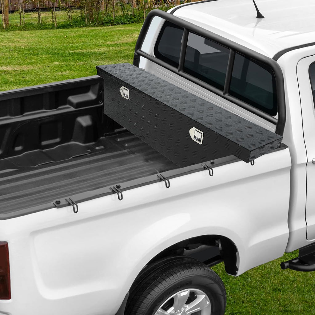 confote 60 Inch Heavy Duty Aluminum Stripes Plated Tool Box Pick Up Truck Bed RV Toolbox Waterproof Storage Organizer with Lock and Key,60'x 20'x 14'-Black
