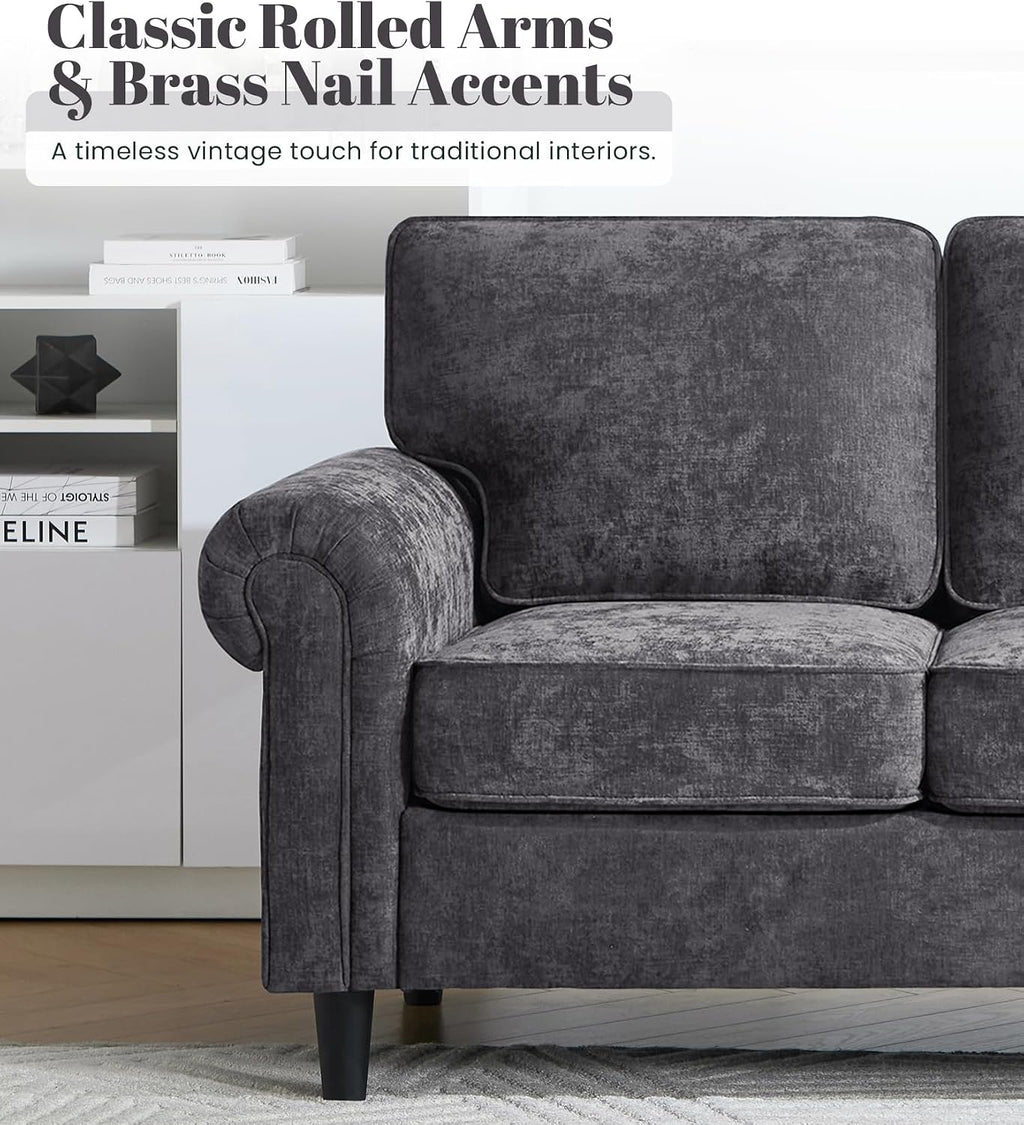 Kingfun 3 Seater Couch, Mid Century Modern Sofa Set with Rolled Arms and Deep Seats, Fluffy Comfort for Living Room, Apartment, Easy Assembly, Gray