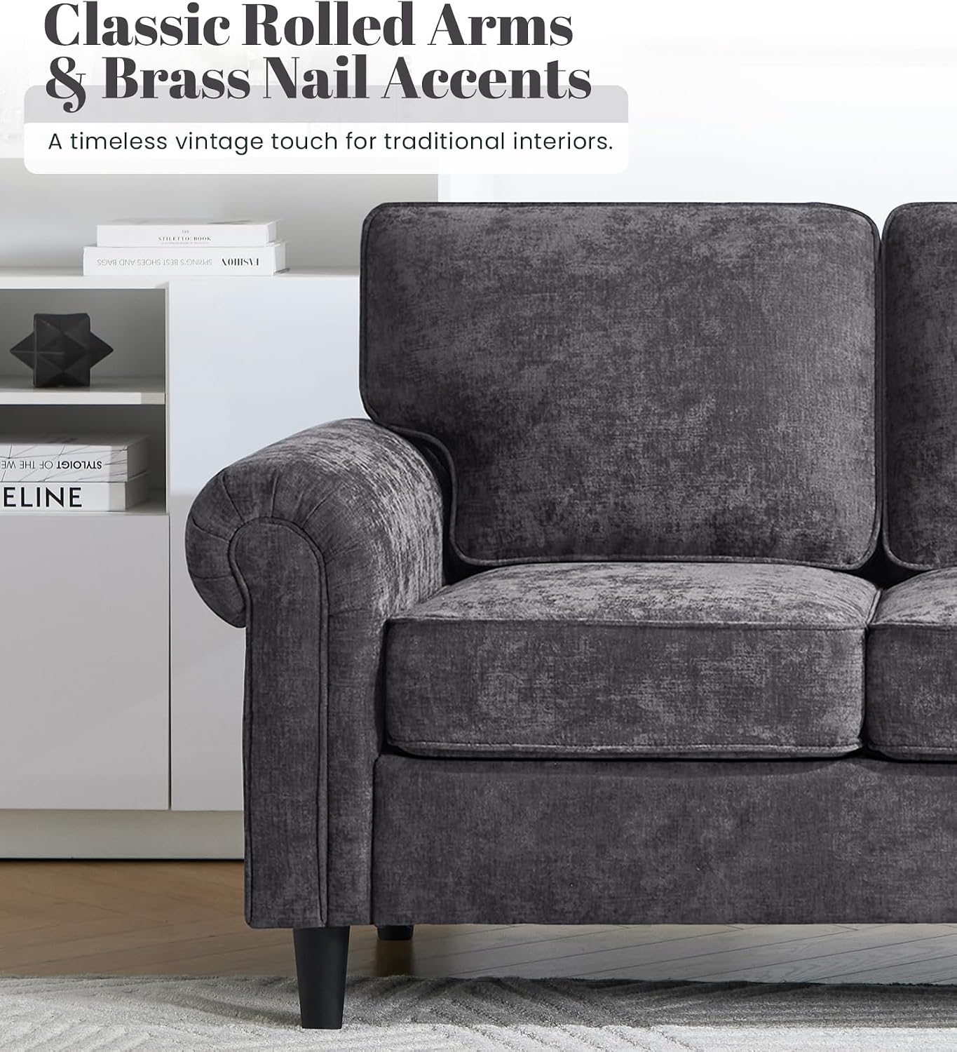 Kingfun 3 Seater Couch, Mid Century Modern Sofa Set with Rolled Arms and Deep Seats, Fluffy Comfort for Living Room, Apartment, Easy Assembly, Gray