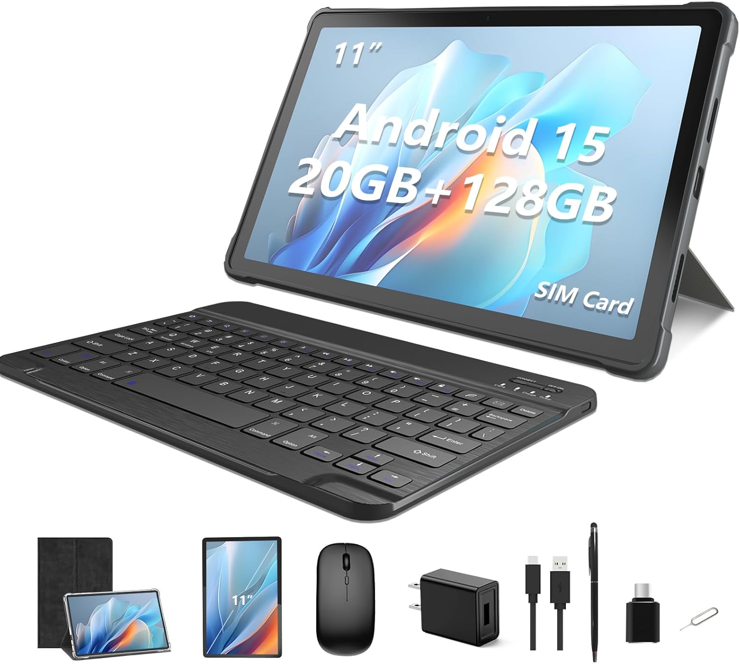 NOBKLE 11 Inch Android 15 Tablet with 4G LTE SIM Slot, 20GB RAM 128GB Storage, Octa-Core Processor, HD IPS Display, Quad Speakers, WiFi, Bluetooth, Long Battery Tablet for Work Study Travel Silver