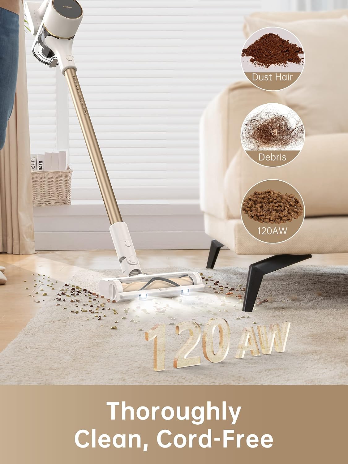 DREAME R10 Cordless Stick Vacuum Cleaner for Home, Powerful 120AW Suction with Anti-Tangle Brush, LED Headlights, Five-Layer Filtration, Up to 60 Mins, Handheld Vacuum Deep Clean Hair, Hard Floor
