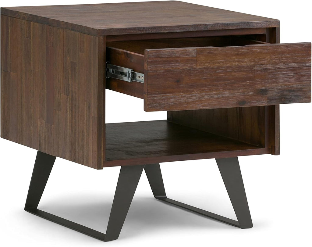 SIMPLIHOME Lowry End Table - 22 inch Wide Solid Acacia Wood Square Accent Table with Drawer and Open Shelf in Distressed Charcoal Brown, Modern Industrial Lamp Stand with Angled Legs for Living Room