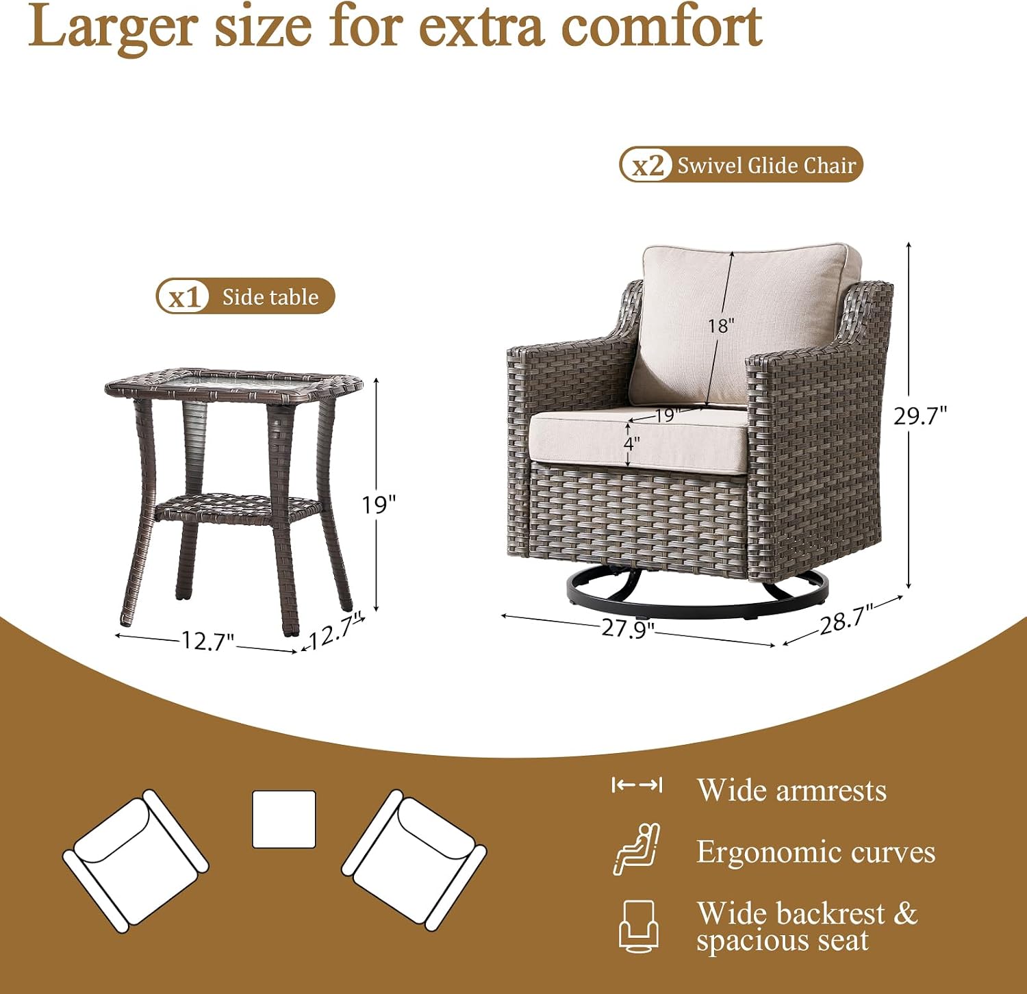 Luxury Patio Furniture sofa Set - 3 Pieces All Weather Wicker Outdoor Couch and High Back Swivel Rocker Patio Chairs with Glass coffee table for Deck Yard and Poolside Beige Cushions | Gray Wicker