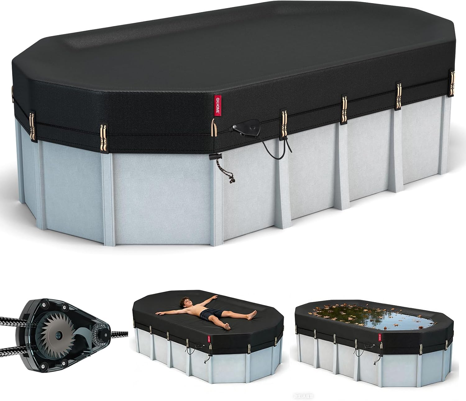 QH.HOME 16x25 Ft Oval Pool Cover for Steel Wall Pool,[Ultimate Windproof & Tear-Resistant Fabric],Snug Fit with Patented Ratchet & Weight Rings, Blocks Leaves &Waterproof