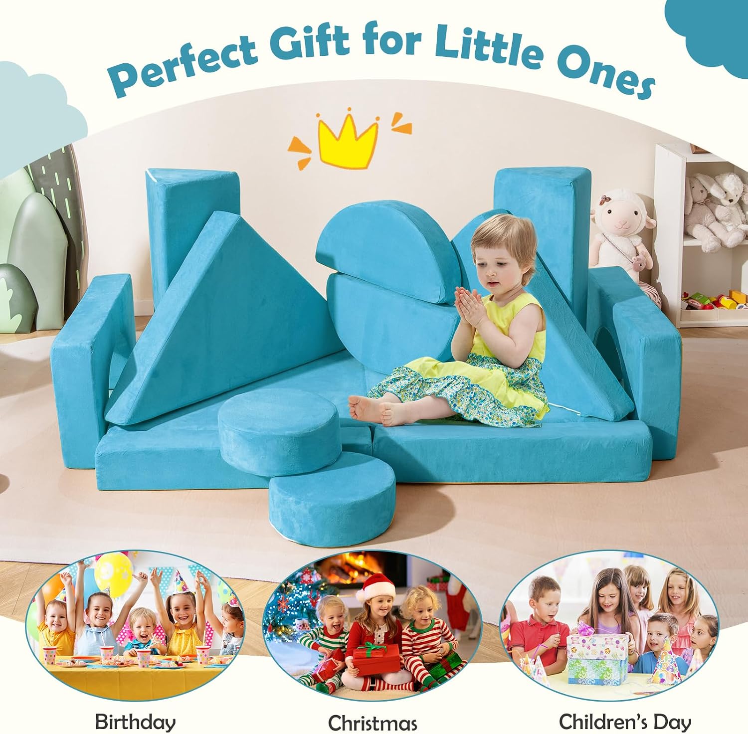 Costzon 14 PCS Modular Kids Play Couch, Child Sectional Sofa, Versatile Toddler Soft Building Blocks Sofa Playset for Playroom Bedroom, Convertible Foam and Floor Cushion for Boys Girls Gifts (Blue)