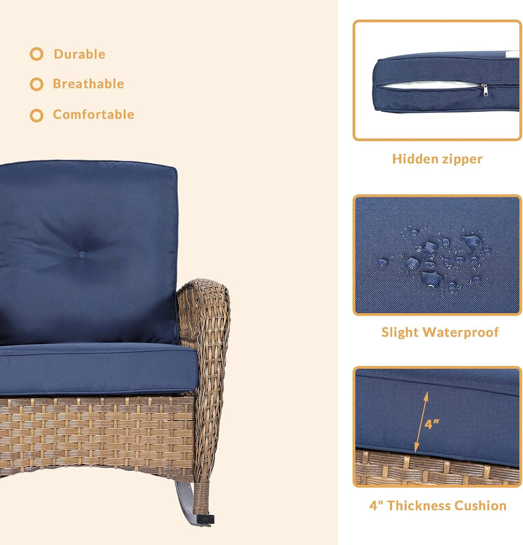 3 Pieces Outdoor Patio Bistro Rocking Chair Set, Rattan Patio Rocker Chairs Set with Cushions and Glass-Top Coffee Table, Conversation Bistro Set for Porch & Backyard - Navy Blue