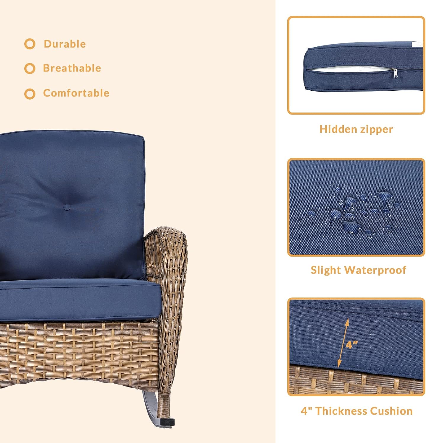 3 Pieces Outdoor Patio Bistro Rocking Chair Set, Rattan Patio Rocker Chairs Set with Cushions and Glass-Top Coffee Table, Conversation Bistro Set for Porch & Backyard - Navy Blue