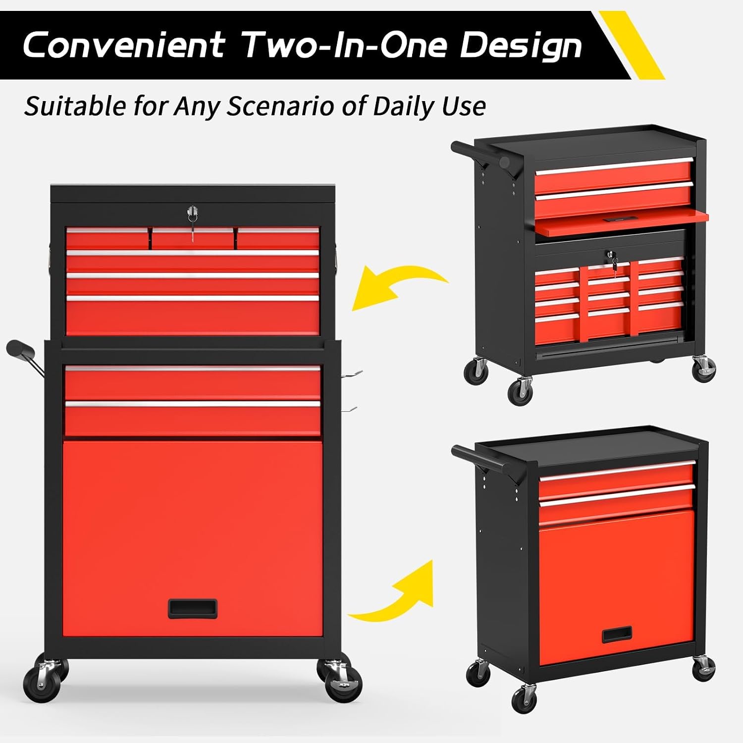 On Shine 8 Drawer Rolling Tool Chest, Large Capacity Rolling Tool Box with Wheels, Locking Mechanical Tool Chest, Portable Tool Box with Sliding Drawers for Garage Workshop and Tool Room (Black Red)