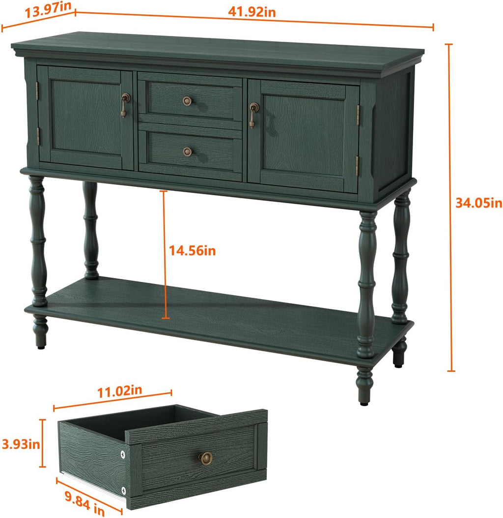 ARTPOWER Console Table with 2 Drawers, Retro Entryway Table with 2 Door Cabinets and Open Storage Shelf, Narrow Long Behind Couch Sofa Table for Living Room, Foyer, Hallway, Green