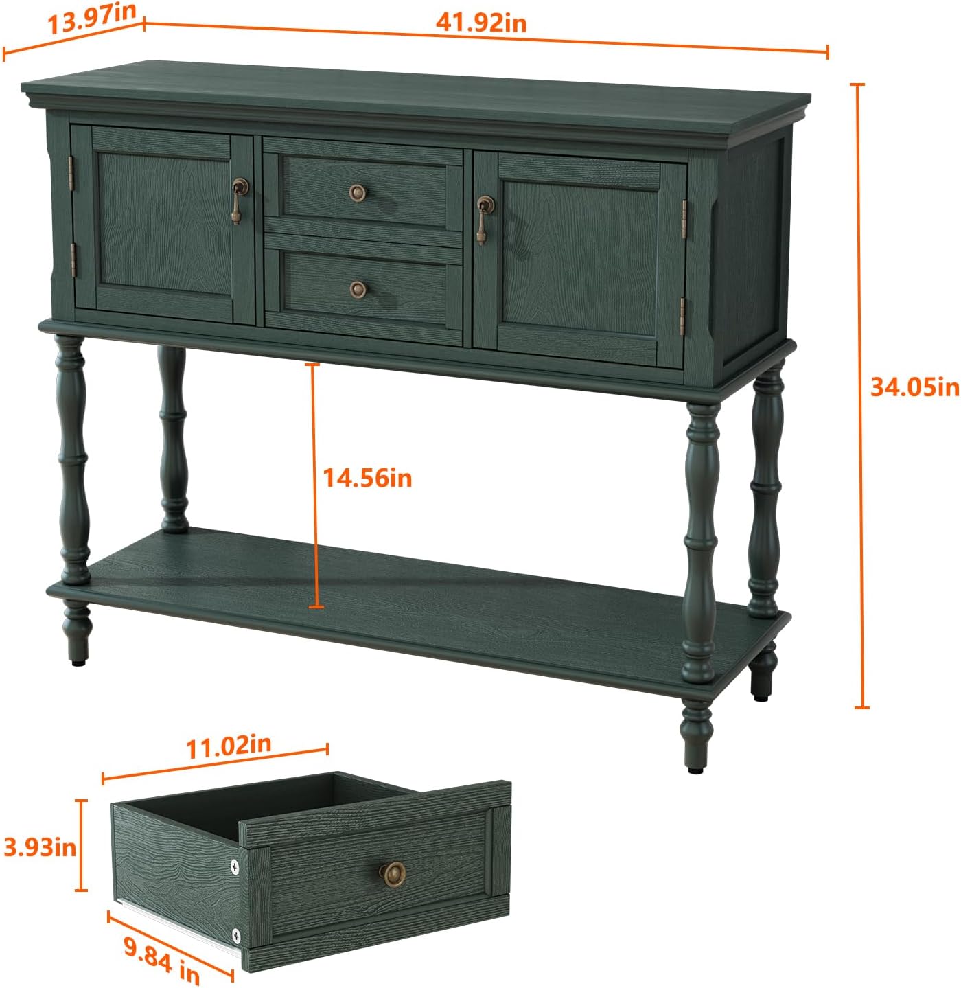 ARTPOWER Console Table with 2 Drawers, Retro Entryway Table with 2 Door Cabinets and Open Storage Shelf, Narrow Long Behind Couch Sofa Table for Living Room, Foyer, Hallway, Green