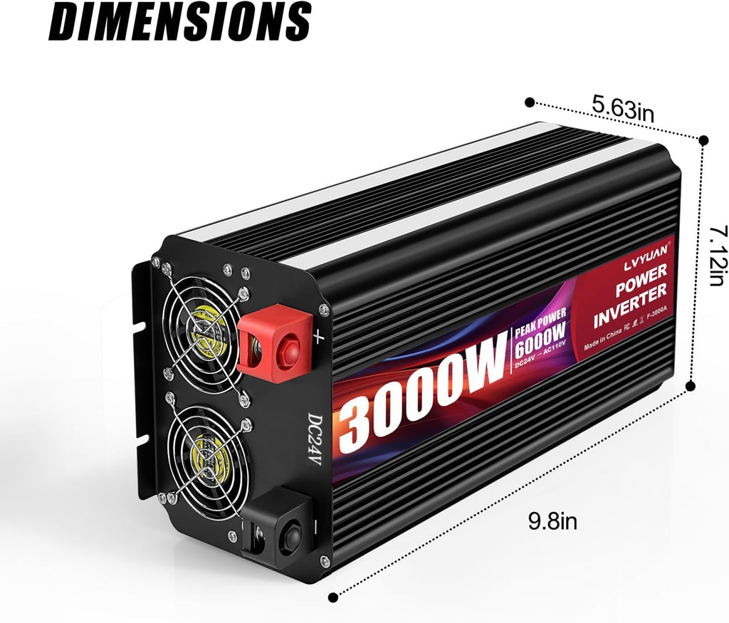 LVYUAN 3000 Watt Power Inverter 24V to 110V 120V DC to AC with 4 AC Outlets, LCD Display, USB Port & Remote Control for Home, RV, Vehicle, Truck, Off-Grid Solar System, Heavy Duty Outdoor Camping