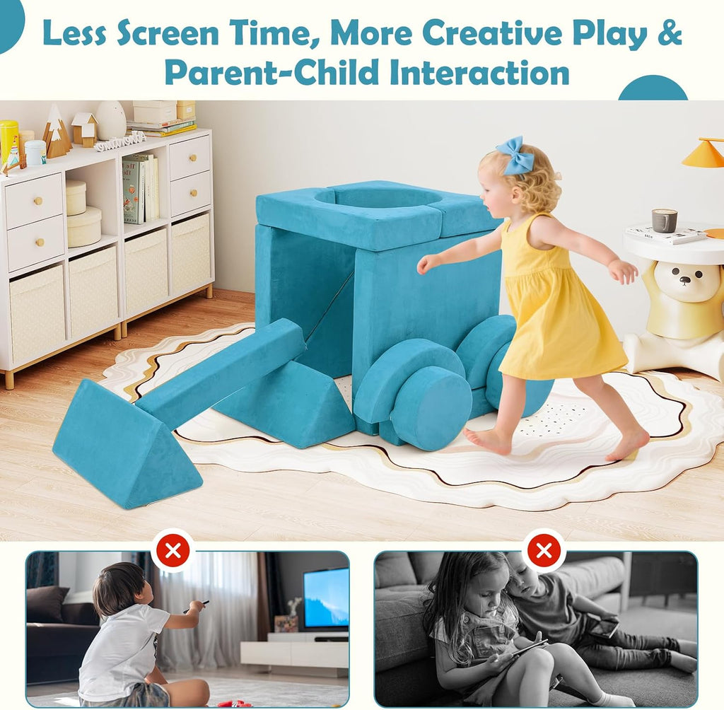 Costzon 14 PCS Modular Kids Play Couch, Child Sectional Sofa, Versatile Toddler Soft Building Blocks Sofa Playset for Playroom Bedroom, Convertible Foam and Floor Cushion for Boys Girls Gifts (Blue)