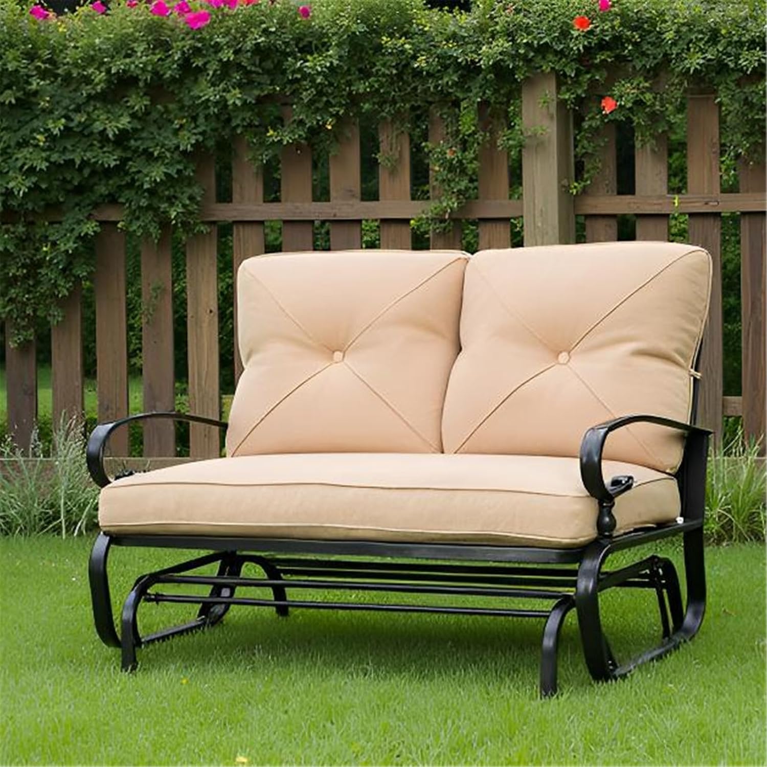 SUNCROWN Outdoor Swing Glider Chair, Patio 2 Seats Loveseat Rocking Chair with Cushions, Steel Frame Furniture - Brown