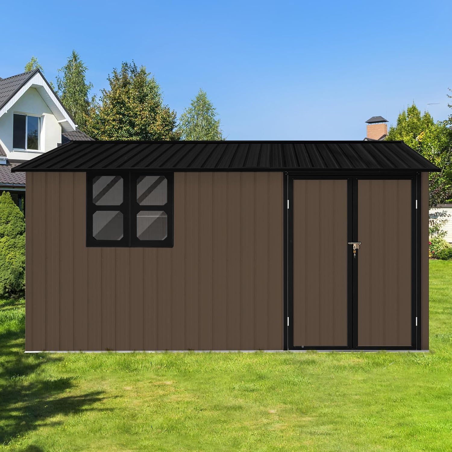 10x12 FT Outdoor Storage Shed, Large Metal Garden Shed with Window & Hinged Door, Upgraded Outside Tool Shed with Foldable Worktable & 2 Shelves, Waterproof Storage Building for Backyard, Brown+Black