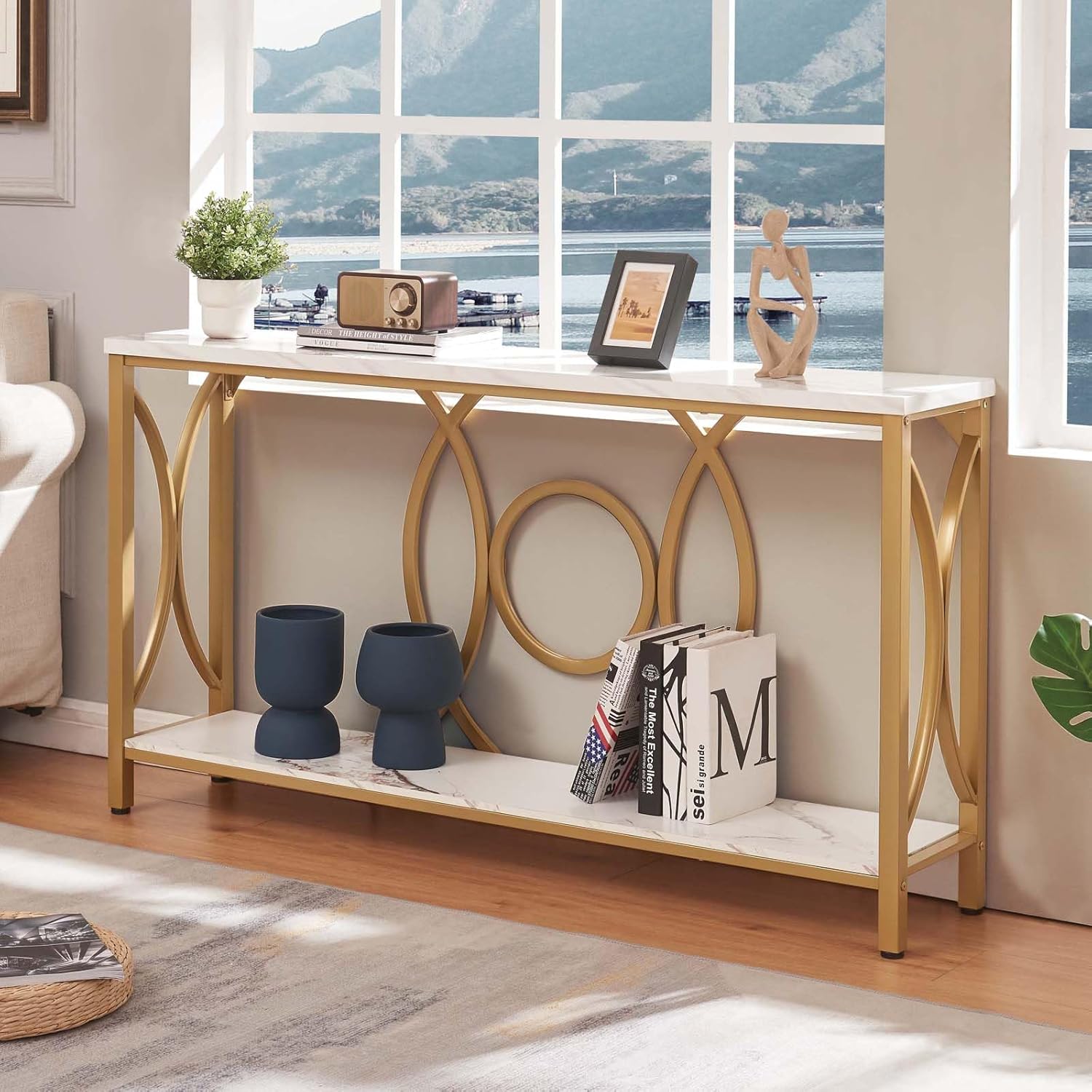 HOMISSUE Sofa Console Table, Modern Gold Console Table with Faux Marbled Tabletop, Engineered Wood Entryway Tables with 2 Tier Storage, Narrow Sofa Table for Living Room, Hallway (55 Inch, White&Gold)