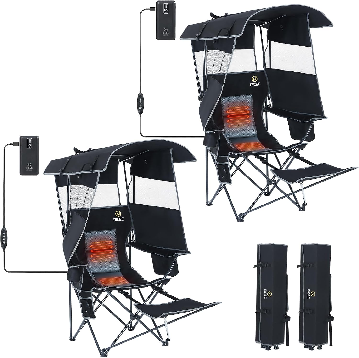 Nice C Chair with Canopy, Heated Camping Chair with Battery, Outdoor Sports Chairs with Shade, Heated Folding Umbrella Lawn Chairs, with Removable Footrest (2-Pack)