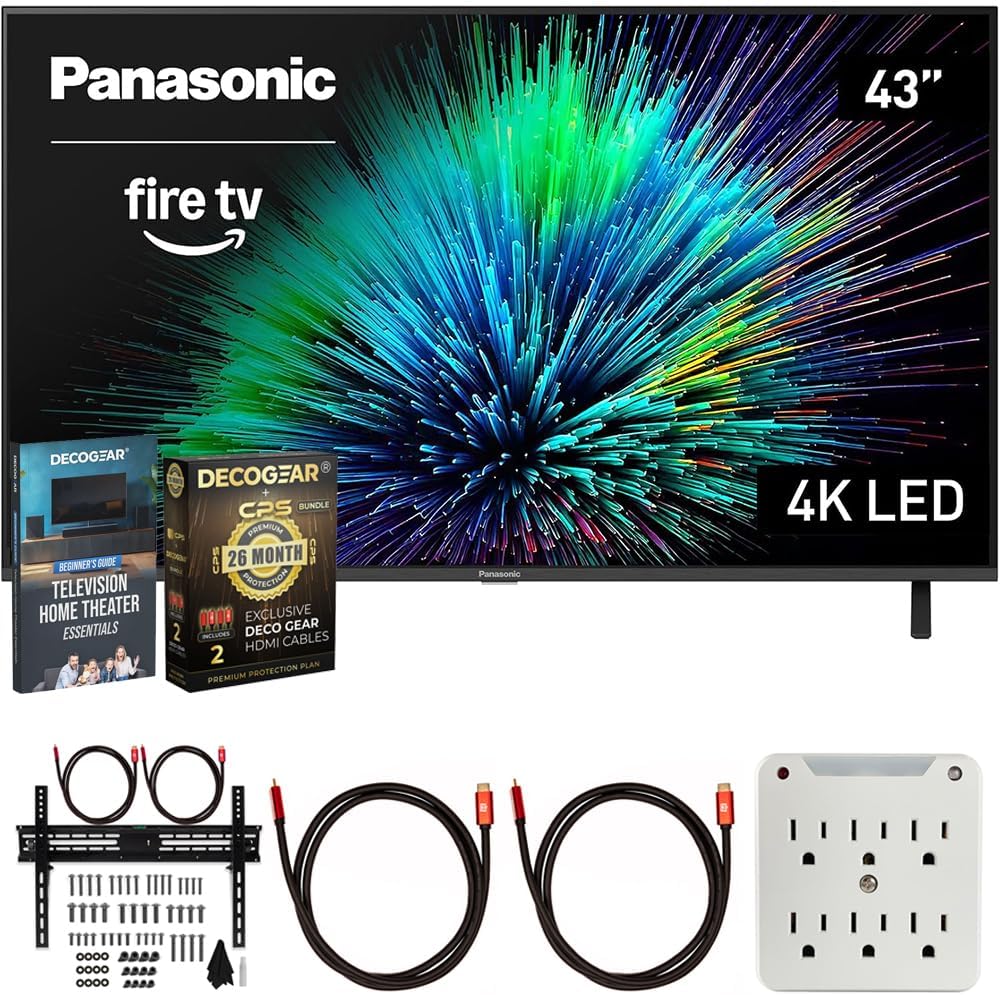 Panasonic TV-43W70BP W70 Series 43 inch LED 4K Ultra HD Smart Fire TV Bundle with 2X HDMI 2.0 Cable, TV Wall Mount, 6-Outlet Surge Adapter, Theater Essentials and Exclusive 26 Month Protection Pack