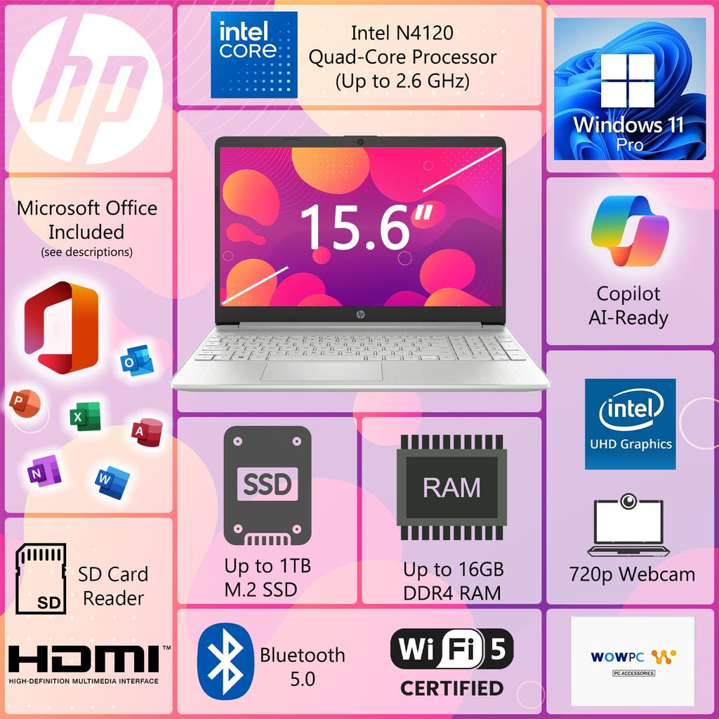 HP 15 Laptop for School, Work & Home • 15.6' FHD 1080p IPS Display • Powerful Intel Processor • 16GB RAM • 1TB SSD • Microsoft Office • Copilot AI • Windows 11 Pro • SD Card Reader • HDMI