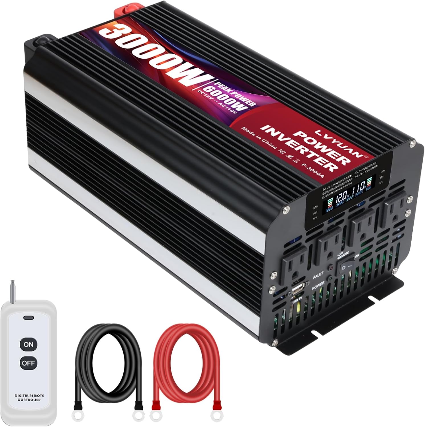 LVYUAN 3000 Watt Power Inverter 12V to 110V 120V DC to AC with 4 AC Outlets, LCD Display, USB Port & Remote Control for Home, RV, Vehicle, Truck, Off-Grid Solar System, Heavy Duty Outdoor Camping