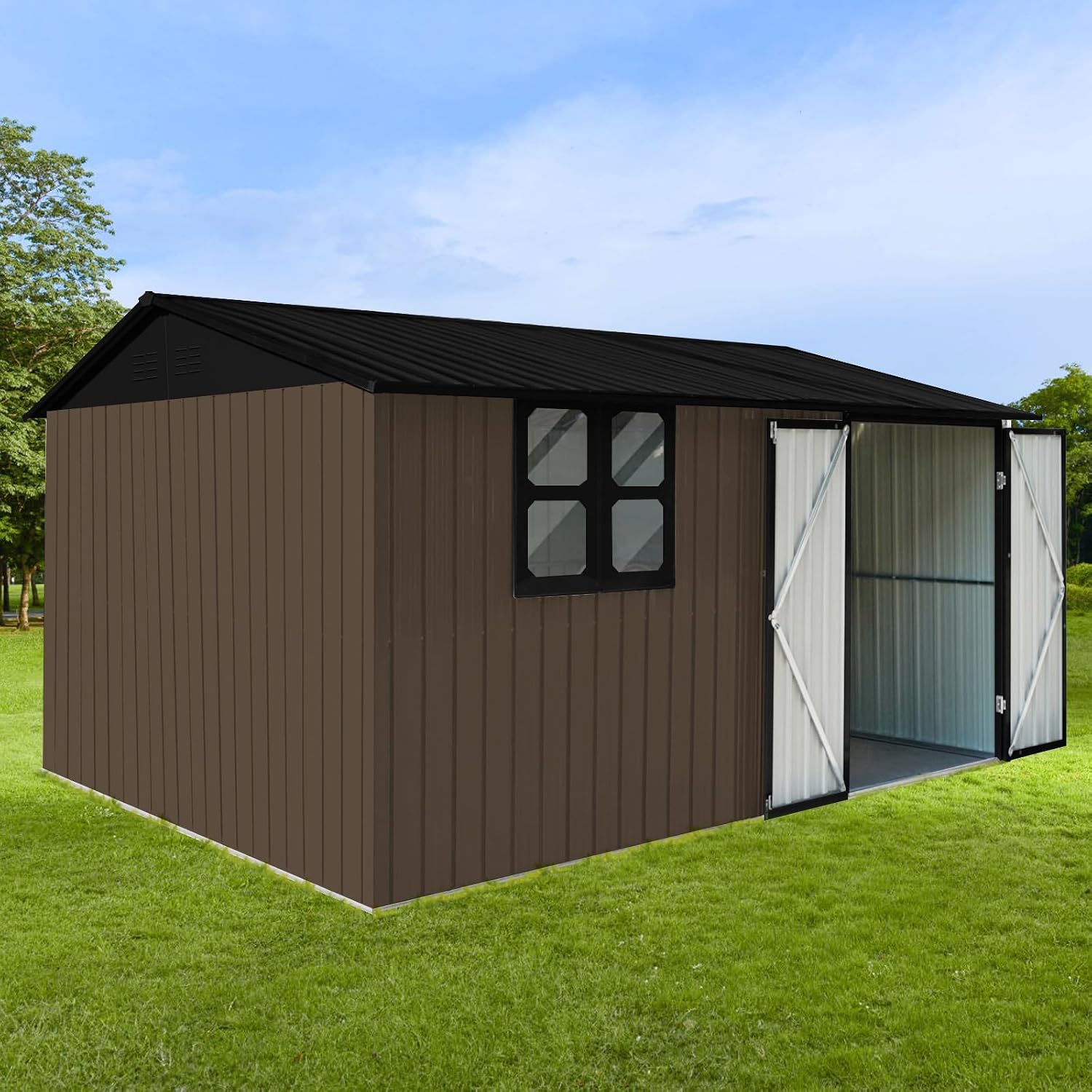 10x12 FT Outdoor Storage Shed, Large Metal Garden Shed with 4-pane Window, Outside Tool Shed with Lockable Hinged Door & 4 Air Vents, Waterproof Storage Building for Backyard, Patio, Lawn, Brown+Black