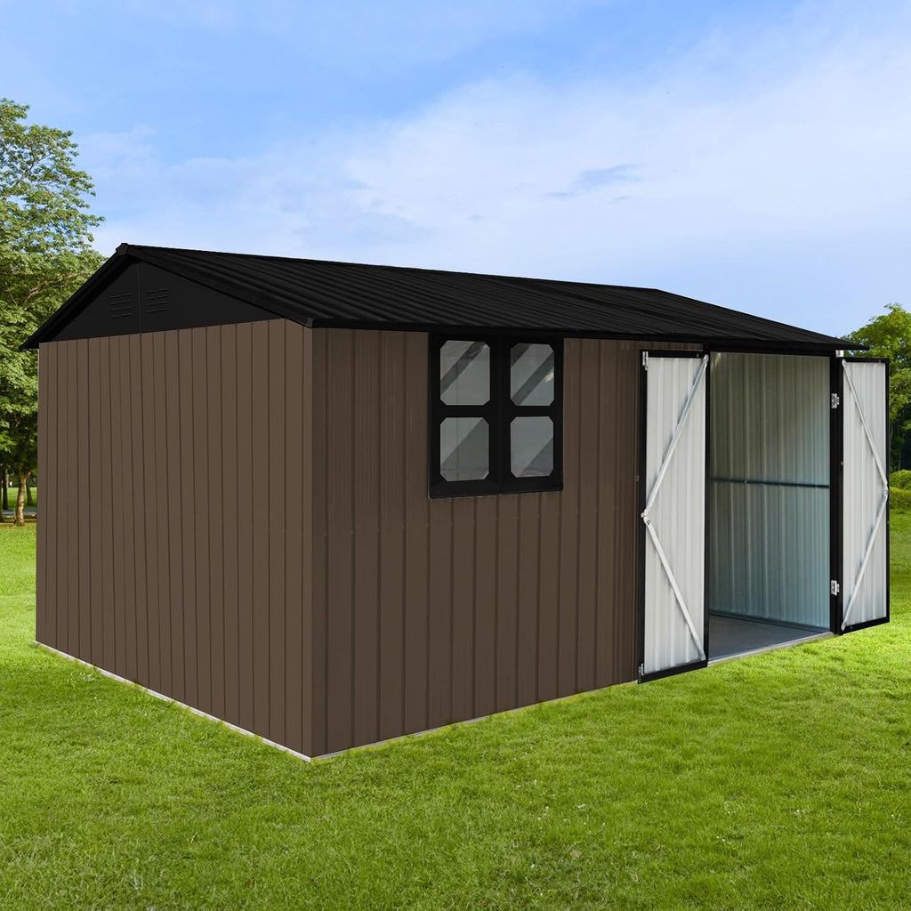 10x12 FT Outdoor Storage Shed, Large Metal Garden Shed with Window & Hinged Door, Upgraded Outside Tool Shed with Foldable Worktable & 2 Shelves, Waterproof Storage Building for Backyard, Brown+Black