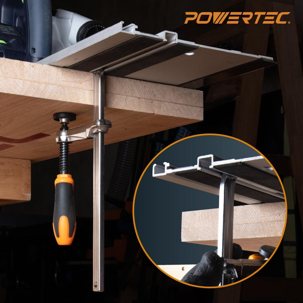 POWERTEC 110' Track Saw Guide Rail Kit for Makita and Festool, Includes 2PK 55' Guide Rails, 2PK Guide Rail Connectors, and 2PK 7' Track Saw Clamps (72057)