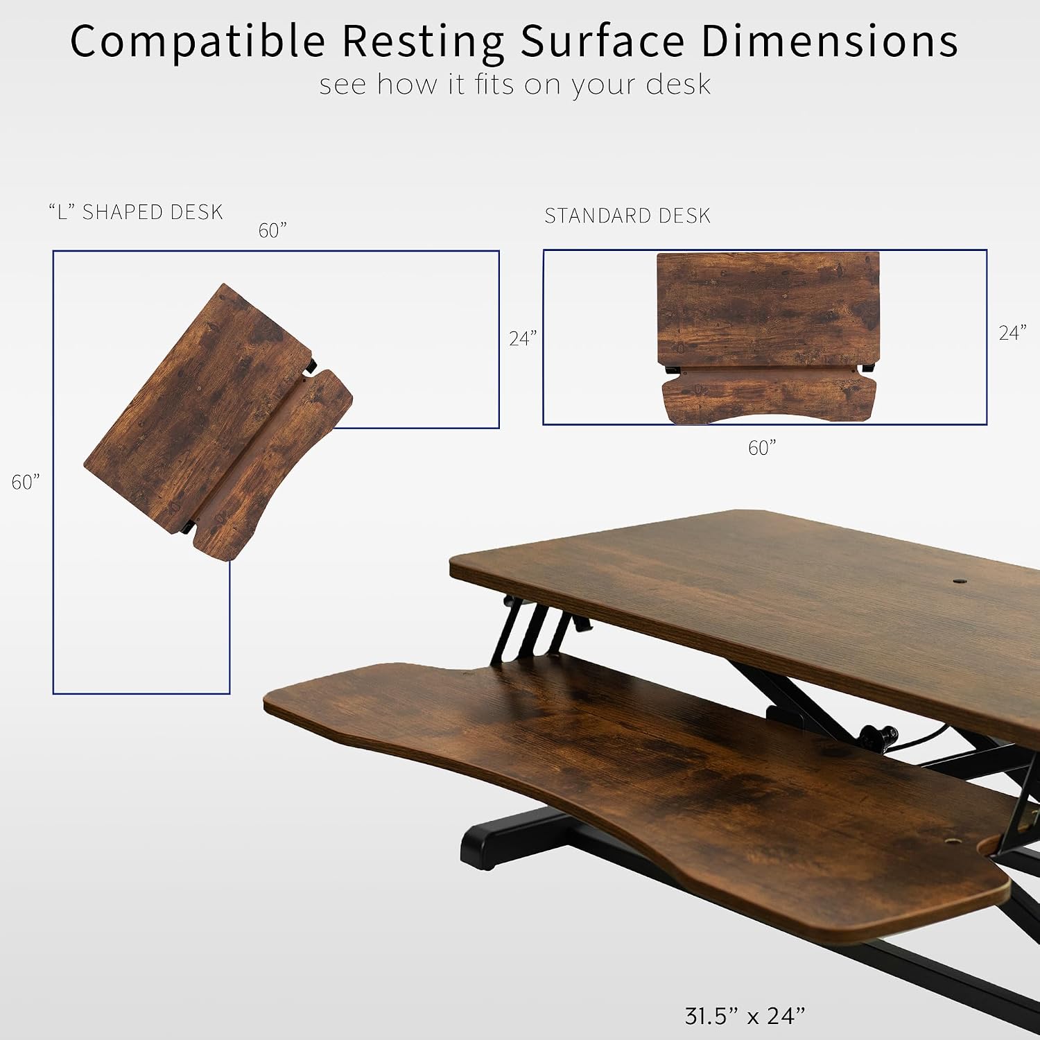 VIVO 32 inch Desk Converter, K Series, Height Adjustable Sit to Stand Riser, Dual Monitor and Laptop Workstation with Wide Keyboard Tray, Vintage Brown Top, Black Frame, DESK-V000KN