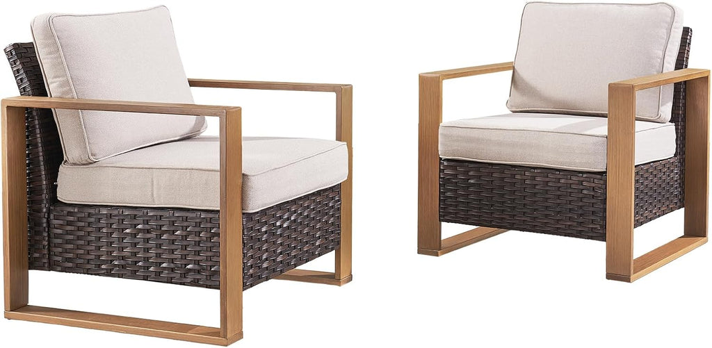 Rilyson Wicker Outdoor Patio Chairs Set of 2, Rattan Patio Furniture Chairs with Sturdy Frame,All-Weather PE Wicker,Wide Armrest,Deep Seating and Thick Cushions for Deck Porch Garden(Brown/Beige)